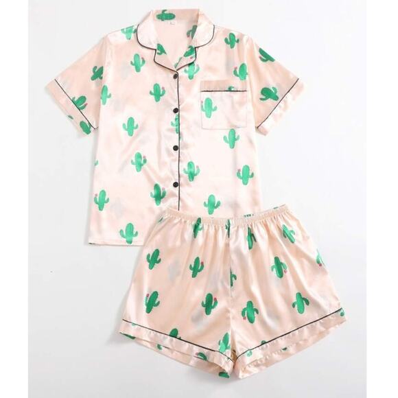 Other - Pink Satin Cactus Print PJ Shorts Set